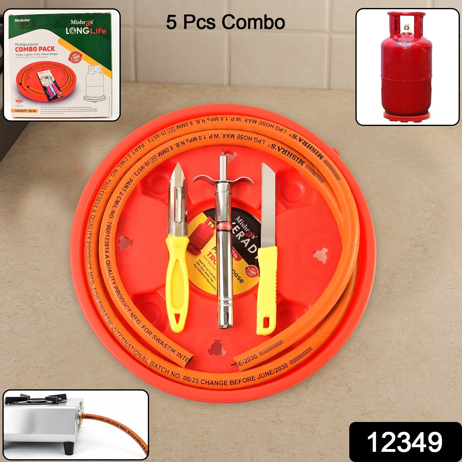 Mishras 5-piece Multipurpose Lpg Kitchen Combo Set With Gas Pipe Cylinder Trolley Knife Lighter  Peeler